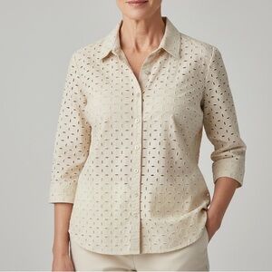 d&co. Cream Eyelet Button-Down Shirt 3/4 Sleeves